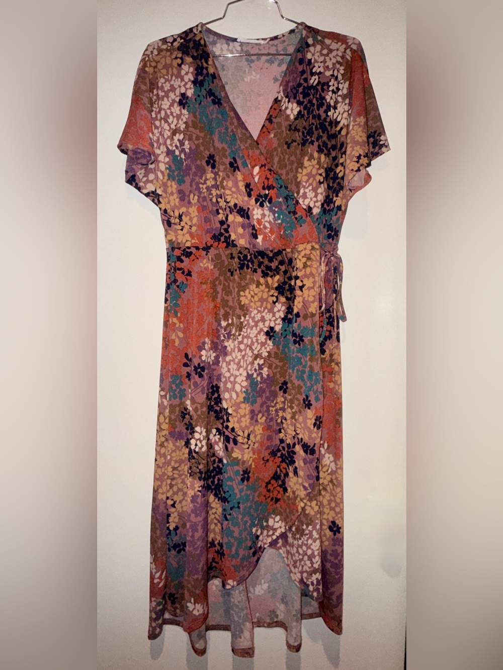 Lush Floral Wrap Maxi Dress in Rust, Teal, Purple and Cream